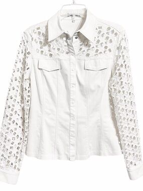 Anne Fontaine VTG Y2K Floral Cut Out Trucker Jacket 8 White Snap Front French